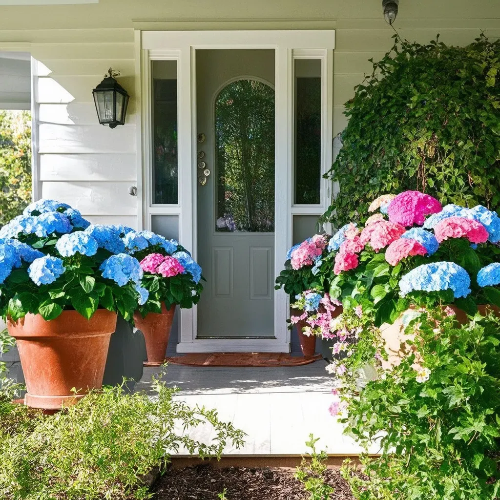 Decorative Front Porch with Potted Hydrangeas