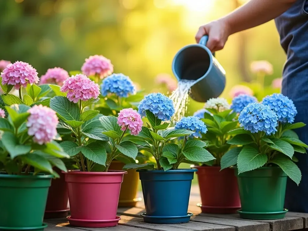 Watering hydrangeas in pots